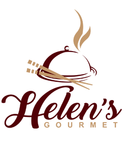 The logo for Helen's Kitchen. Feature's a dish cover and chopsticks, with steam coming off of it. Helen's is written below in cursive, and gourmet is at the bottom in arial font.