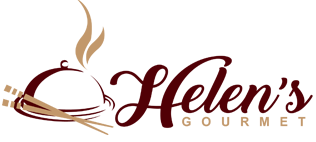 The logo for Helen's gourmet. Helen's is written in a cursive font, gourmet is written in arial.